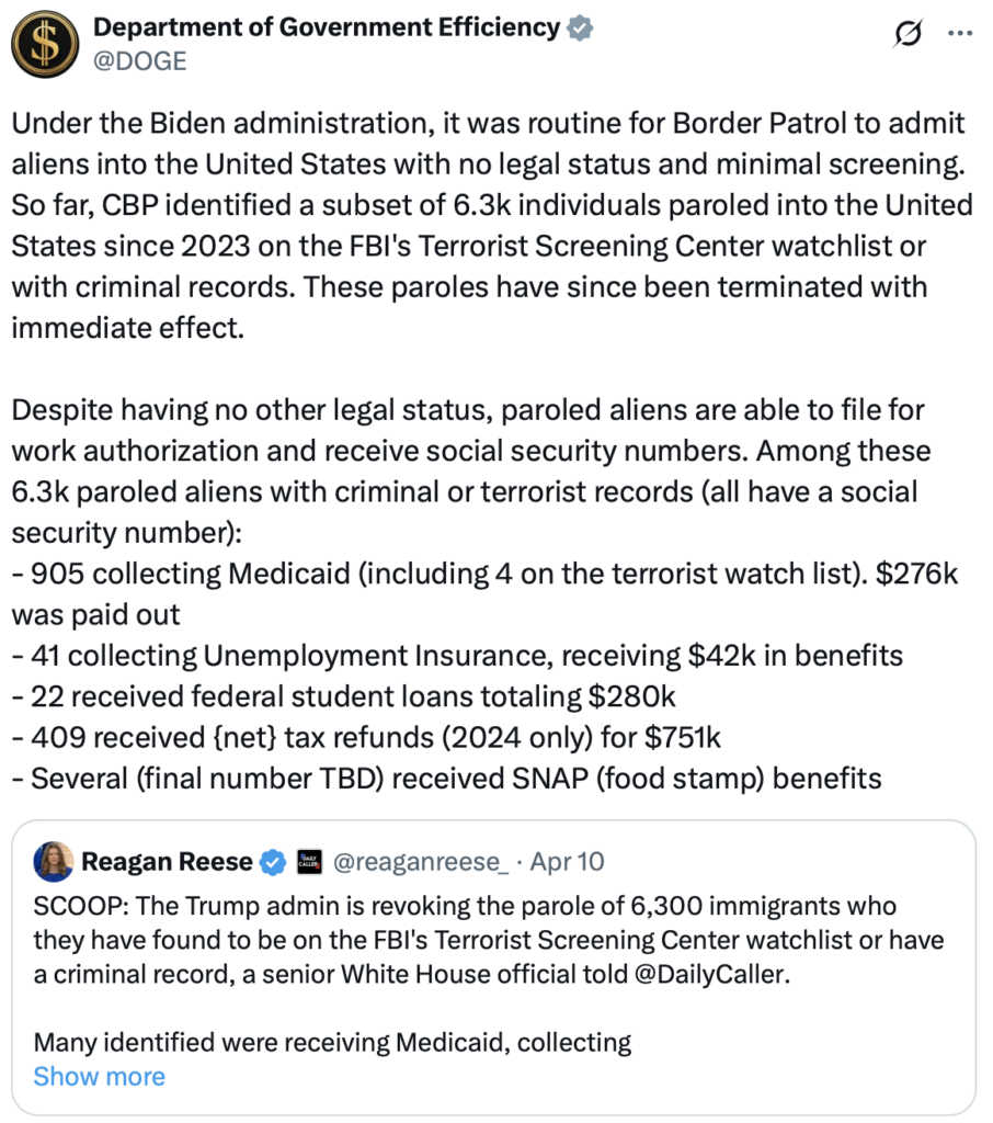 DOGE: Illegal Aliens On Terror Watch List Received Benefits, Social Security Numbers
