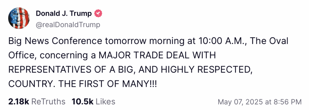 JUST IN: Trump Unveils ‘Major’ Trade Deal To Be Announced Tomorrow Morning
